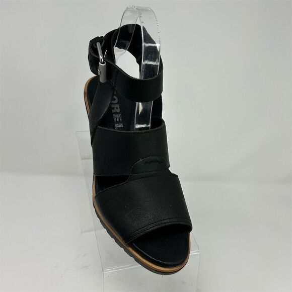 Sorel Women's Black Leather Ankle Strap Buckle Wedge Sandals Size 8 - Picture 2 of 11
